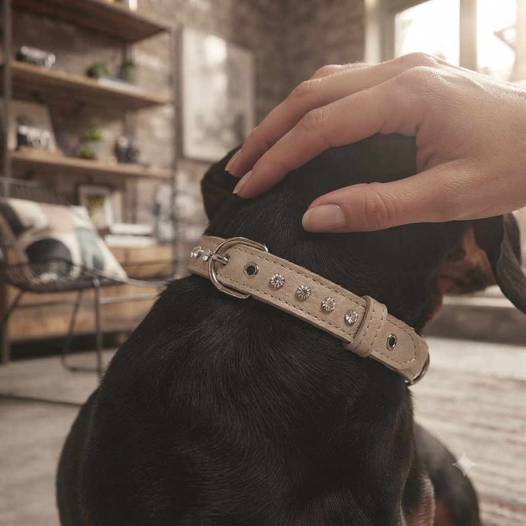 CrazyDogPaul Premium Hundehalsband BRIGHT für kleine Hunde, Breite 2 cm – Luxus-Bullenleder & Swarovski-Steine