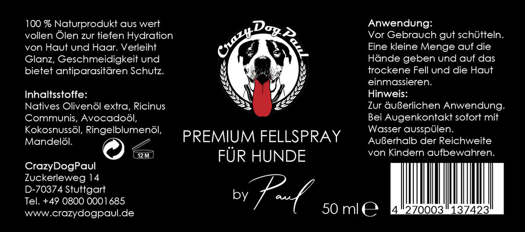 Rückseite des CrazyDogPaul Schutz-Sprays mit natürlichen ätherischen Ölen und Olivenöl