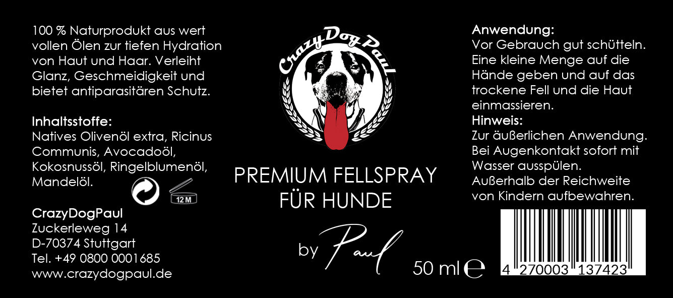 Rückseite des CrazyDogPaul Schutz-Sprays mit natürlichen ätherischen Ölen und Olivenöl