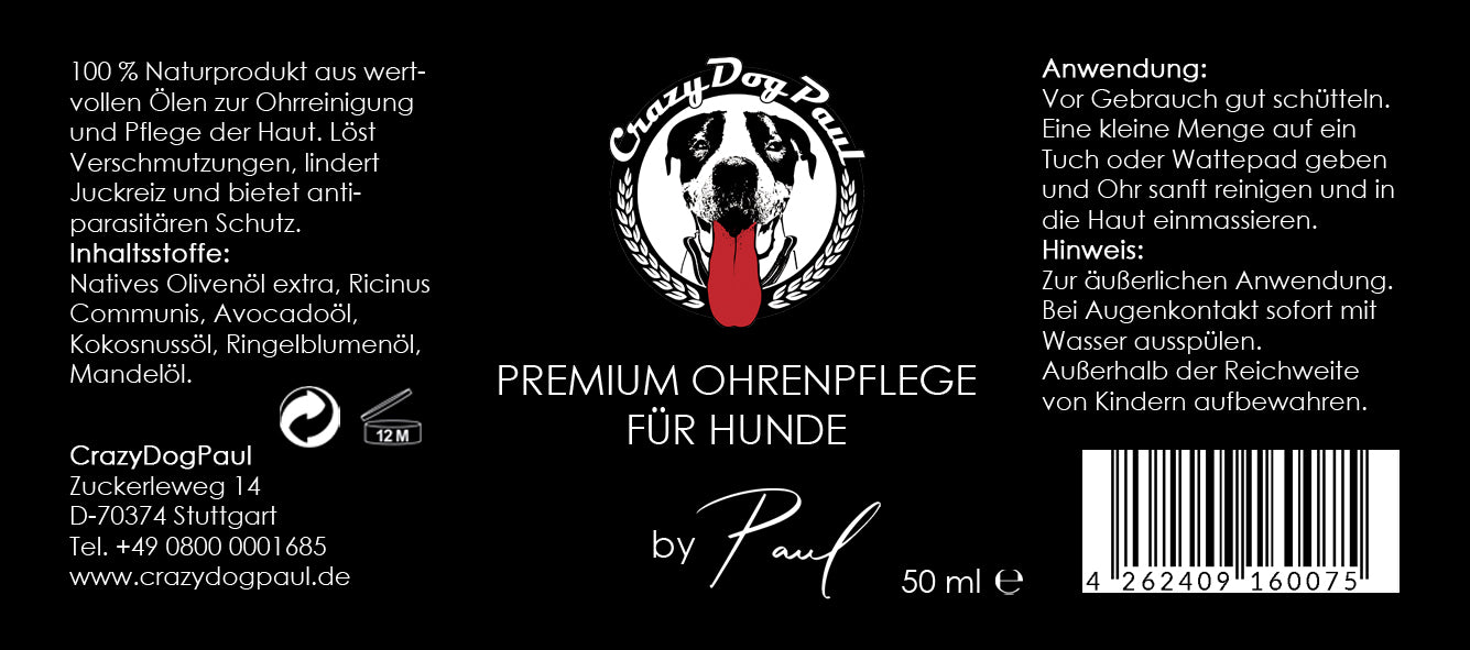 Inhaltsstoffe und Dosierungsanleitung CrazyDogPaul Premium Ohrenpflege – Vegan & Natürlich