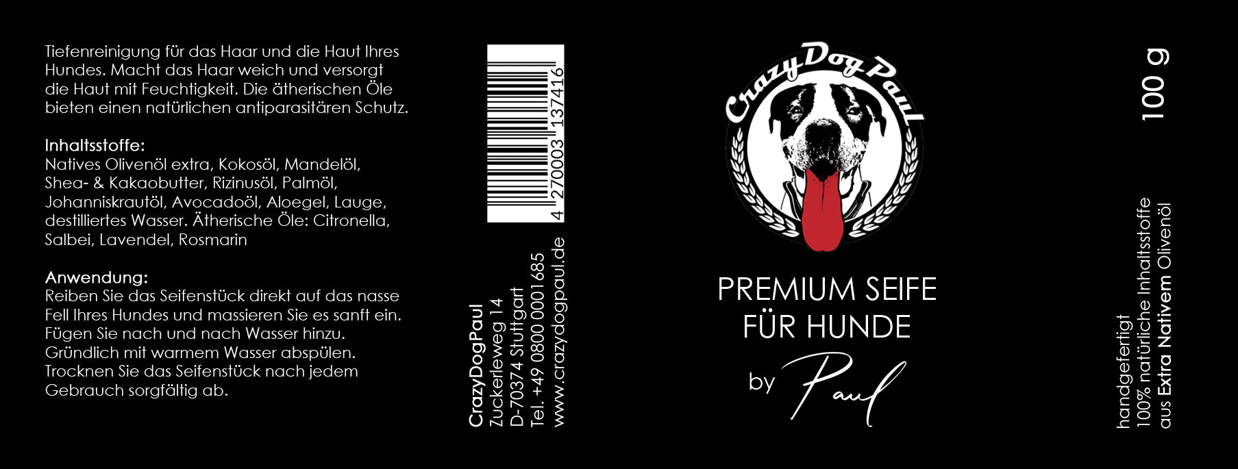Nachhaltige Naturseife für Hunde von crazydogpaul Etikett