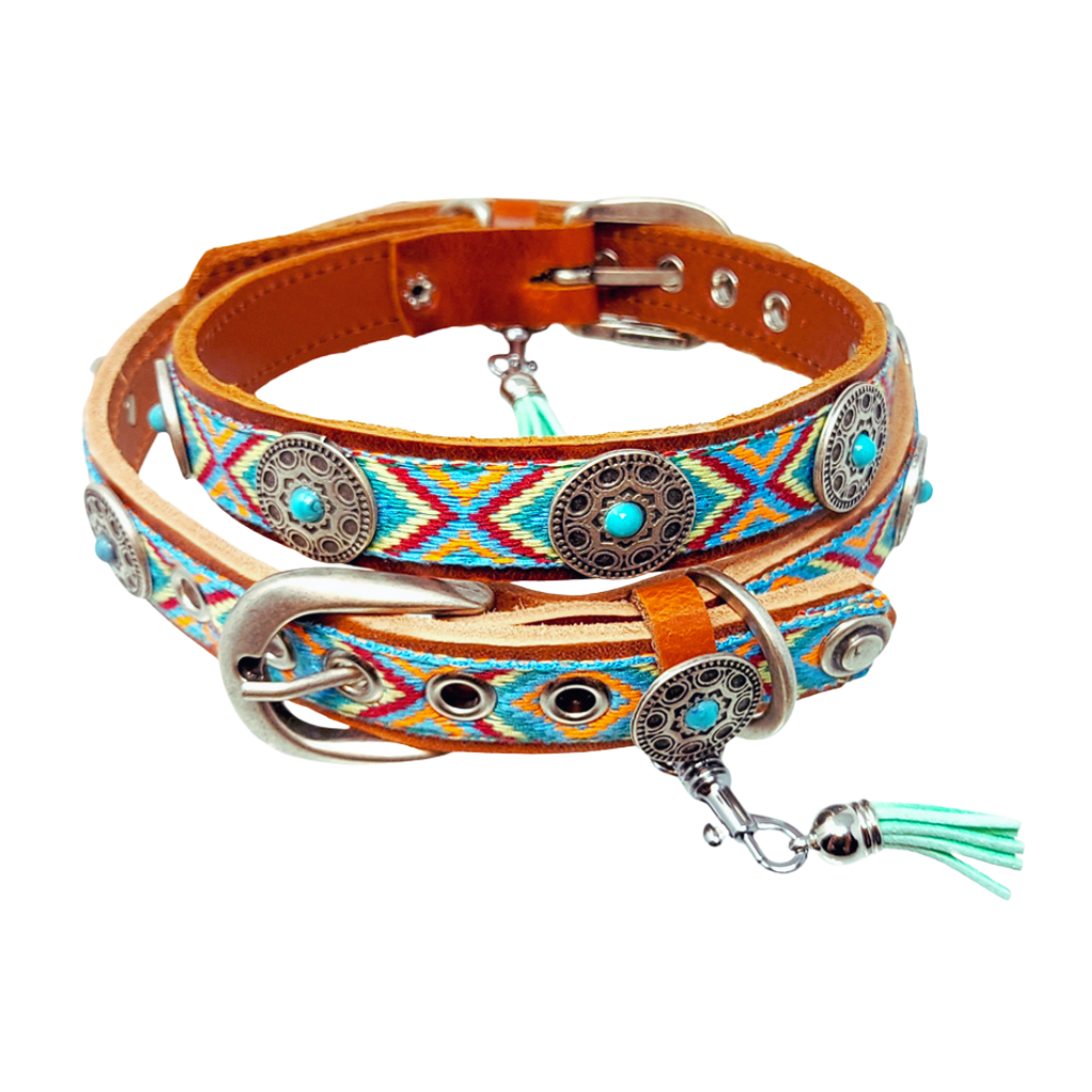 CrazyDogPaul Premium Hundehalsband ACAPULCO – Leder im Azteken-Stil (2,5 cm)