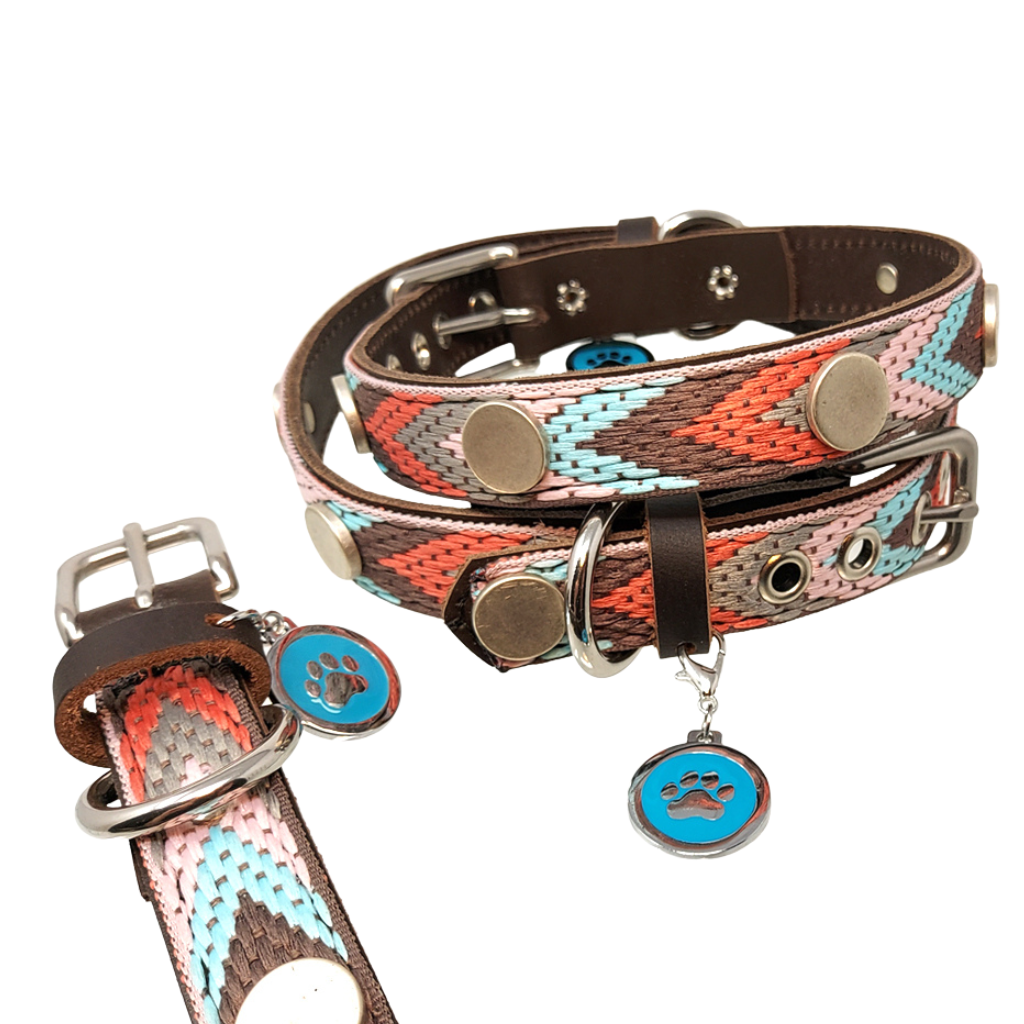 CrazyDogPaul Premium Hundehalsband SIERRA – braun- aqua, Leder im Ethno-Stil (2,5 cm),