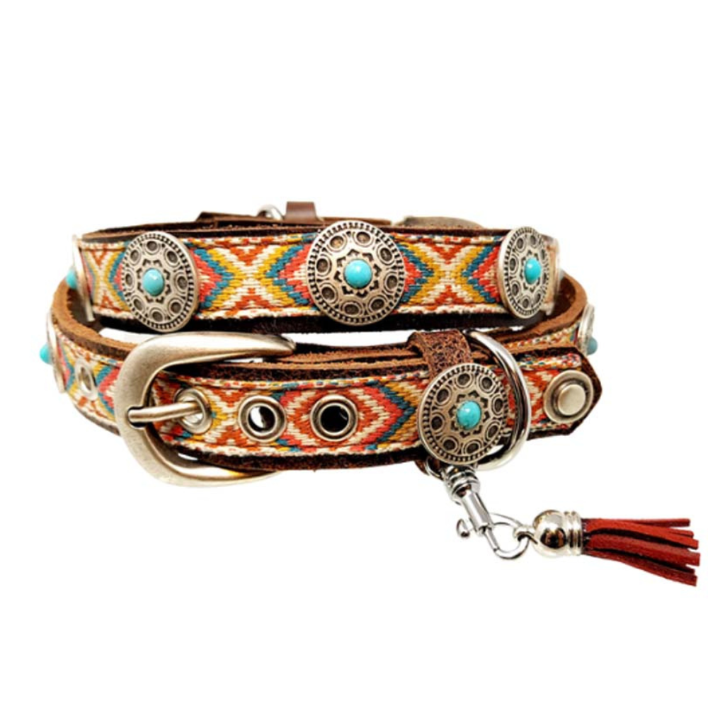 CrazyDogPaul Premium Hundehalsband ACAPULCO – Leder im Azteken-Stil (2,5 cm), braun