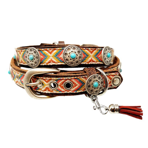 CrazyDogPaul Premium Hundehalsband ACAPULCO – Leder im Azteken-Stil (2,5 cm), braun