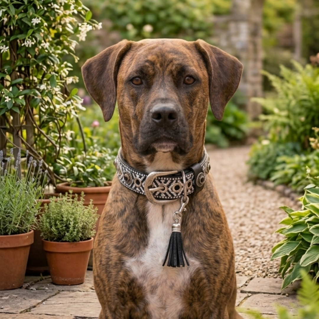 CrazyDogPaul Premium Hundehalsband STYLE – Leder mit schwarz-weißer Borte (2,5 cm)
