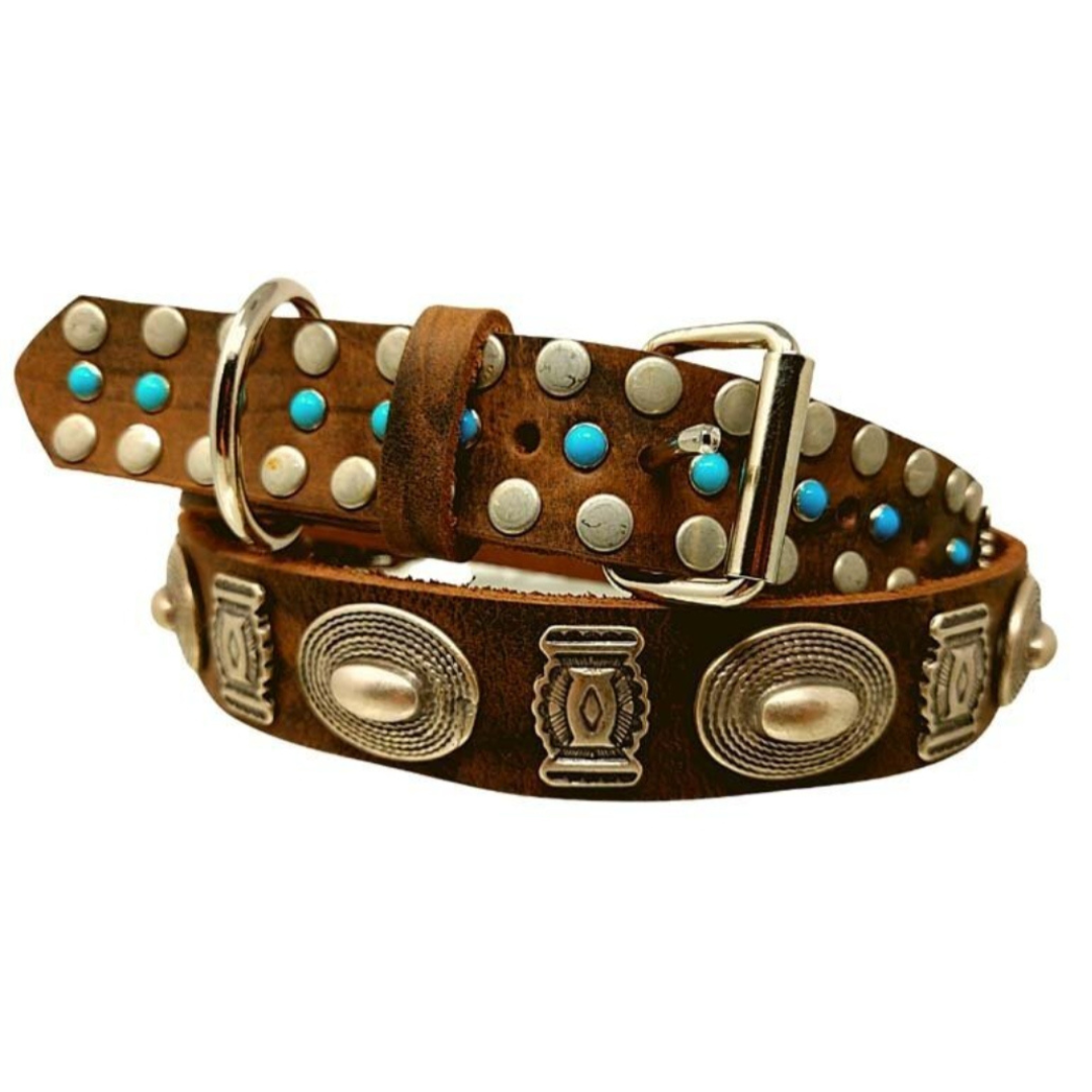 CrazyDogPaul Premium Hundehalsband NAVAJO – Leder im Ethno-Stil mit Türkissteinen