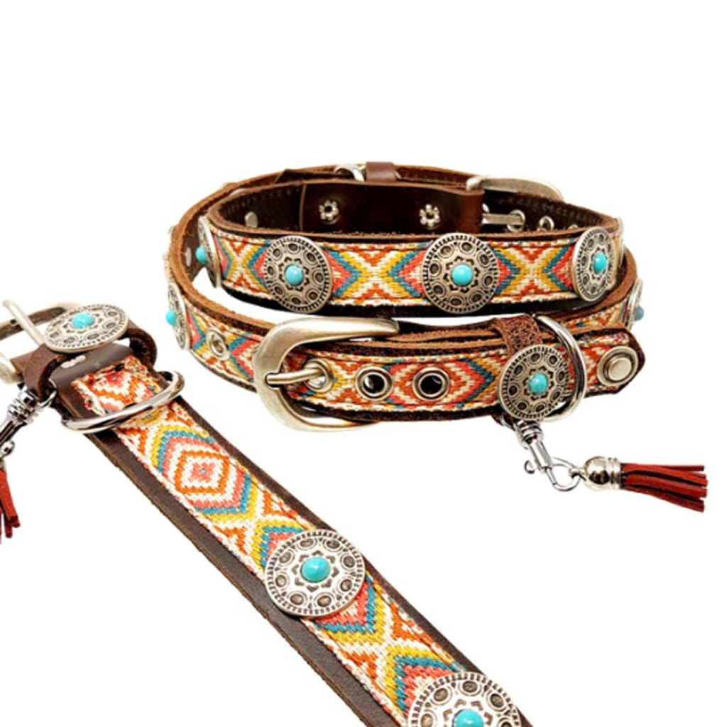 CrazyDogPaul Premium Hundehalsband ACAPULCO – Leder im Azteken-Stil (2,5 cm), braun