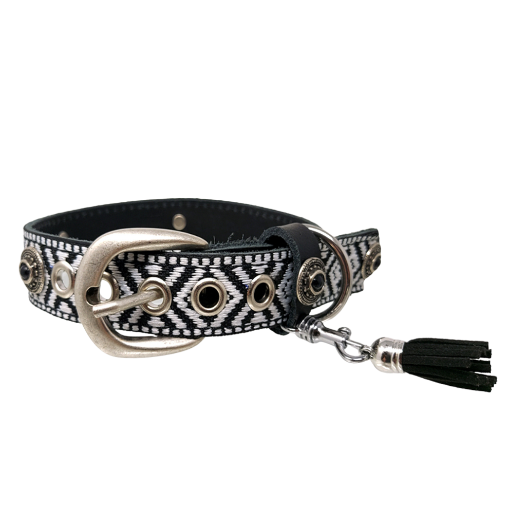 CrazyDogPaul Premium Hundehalsband STYLE – Leder mit schwarz-weißer Borte (2,5 cm)